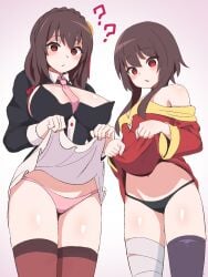 2girls :o ? @_@ bare_shoulders big_breasts boob_window braid brainwashed brainwashing brown_hair confused dazed empty_eyes eyebrows_visible_through_hair female female_only femsub hair_ornament hatenamaru highres hypnosis kono_subarashii_sekai_ni_shukufuku_wo! large_breasts light-skinned_female light_skin megumin mind_control panties parted_lips presenting presenting_panties red_eyes short_hair skirt_lift small_breasts tagme thick_thighs thighhighs yunyun_(konosuba)