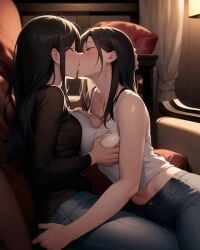 2girls ai_generated ai_mirror black_hair black_shirt blush breast_squeeze closed_eyes couch curtains cushion hand_on_hair hand_on_thigh jeans kissing lesbian light long_hair lying lying_on_couch medium_breasts white_shirt white_skin wooden_table yuri