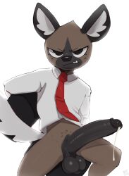 1boy 2023 aggressive_retsuko aggretsuko angry angry_eyes anthro balls big_ears big_eyes big_penis black_ears black_eyes black_nose black_penis bodily_fluids bottomless bottomless_anthro bottomless_male brown_body brown_fur chair clothed clothing cum cum_on_penis cum_string detailed dress_shirt dripping ear_tuft erection frown frowning_at_viewer fur furniture genital_fluids genitals haida haida_(aggretsuko) hi_res humanoid_genitalia humanoid_penis hyena inner_ear_fluff long_penis long_tail looking_at_viewer male male_only mammal meatshaq mostly_nude mostly_nude_anthro mostly_nude_male multicolored_ears necktie on_chair orgasm overbite penis portrait precum precum_drip presenting_balls presenting_penis round_head sanrio shadow sharp_teeth shirt sitting sitting_on_chair snaggle_tooth solo spotted_hyena spread_legs spreading teeth thick_thighs toony topwear white_background white_ears white_inner_ear_fluff white_tail