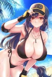 beach bikini black_hair brown_eyes cleavage final_fantasy final_fantasy_vii fingerless_gloves hat huge_breasts long_hair tifa_lockhart whistle_around_neck yano_takumi