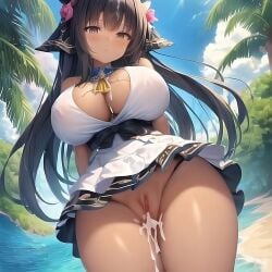 ai_generated beach beautiful_background big_breasts black_hair brown_skin chained45 cum_in_pussy cum_on_breasts dress flower_in_hair hair_ornament maid_outfit nipple_bulge original_character palm_tree pussy shiny_skin thick_thighs voluptuous_female waves