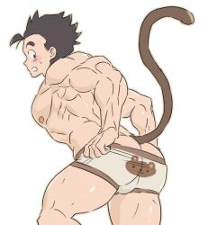 1boy blush bubble_ass bubble_butt dark_hair dragon_ball ellischestert12 humanoid looking_back male male_nipples male_only monkey_tail muscular_arms muscular_male muscular_thighs no_visible_genitalia pulling_up_bottomwear serratus serratus_anterior solo son_gohan tail underwear white_underwear