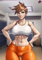 breasts brown_eyes brown_hair cameltoe ed_product gym lena_oxton looking_at_viewer overwatch tagme tracer