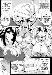 3girls apple_magician_girl breasts dark_magician_girl doujinshi english_text lemon_magician_girl page_3 penis right_to_left smile tagme yu-gi-oh!