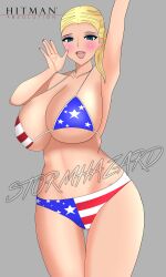 american_flag_bikini bikini blonde_hair blue_eyes deidre_logan eyeshadow hitman hitman_absolution huge_breasts june_drake makeup nail_polish no_bangs ponytail stormhazard stripper thighs