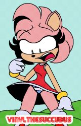 1girls amy_rose anthro background bare blue body breasts checkered color constricted dress ears female flat footwear fully_clothed fully_clothed_female fur furry gloves grass green hair hairband happy ms_paint open panties sonic_(series) striped_panties underwear upskirt vinylthesuccubus