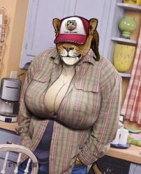 absurd_res anthro band1tnsfw baseball_cap big_breasts breasts clothing covered_eyes ear_piercing facial_piercing felid female female_anthro female_focus fur hair hat headgear headwear hi_res kitchen lion m1lf_band1t_(band1tnsfw) mammal meme meme_clothing nose_piercing overweight overweight_anthro overweight_female pantherine pattern_clothing piercing pink_nose plaid plaid_clothing ponytail red_clothing red_hat red_headwear solo spiked_hat tan_body tan_fur