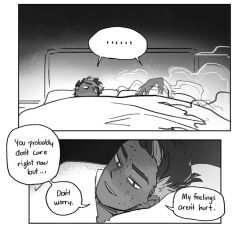 ...... bed bedroom blanket comic fog jonathan_sims martin_blackwood sframboob smile speech_bubble split-color_hair the_magnus_archives