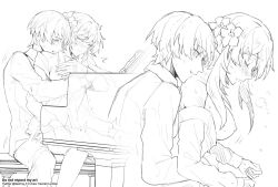 1boy 1girls blush_lines breasts breasts_out closed_eyes clothed_sex female female_penetrated flower_in_hair genshin_impact hugging hugging_from_behind lumine_(genshin_impact) male male/female male_penetrating maledom on_lap piano playing_piano quinny_il scaramouche_(genshin_impact) sex sideboob straight visible_breath