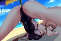 1girls ass ass_focus beach blue_sky cameltoe commentary d.d.g day ddg3420 english_commentary facebook_logo facebook_username female female_only fully_clothed goddess_of_victory:_nikke highleg highleg_swimsuit highres huge_ass jack-o'_challenge jack-o_pose long_hair nude partially_visible_vulva pixiv_logo pixiv_username rapi_(classic_vacation)_(nikke) rapi_(nikke) revealing_clothes self-upload skimpy_clothes sky solo summer swimsuit tight_clothing top-down_bottom-up twitter_logo twitter_username wide_hips