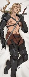 2021 armor blonde_hair boots bulge dakimakura gauntlets knee_pads kradeelav lemuel_adelier long_hair long_hair_male male male_nipples male_only nipples scar solo solo_male sword thigh_boots thighhighs topless unsounded webcomic webcomic_character white_background wink yellow_eyes