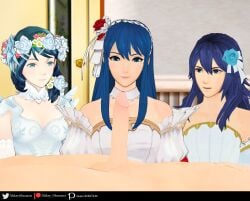 1boy 3d 3girls blue_eyes blue_hair bridal_dress bride caeda_(fire_emblem) clothed_female_nude_male dress erection fire_emblem fire_emblem:_mystery_of_the_emblem fire_emblem:_shadow_dragon_and_the_blade_of_light fire_emblem_awakening imminent_fellatio imminent_oral looking_at_penis lucina_(fire_emblem) mikey_obscurest nintendo oribe_tsubasa penis smile smiling tokyo_mirage_sessions_#fe wedding_dress xnalara