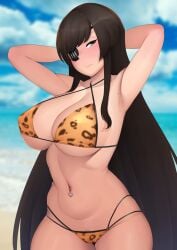 armpits arms_behind_back arms_behind_head arms_up beach bikini black_hair blue_sky blurry blurry_background blush breasts cleavage closed_mouth cloud counter:side day eyepatch female female_pubic_hair green_eyes halterneck highres large_breasts lee_jisoo long_hair looking_at_viewer moebell multi-strapped_bikini navel_piercing ocean official_alternate_costume outdoors piercing pubic_hair sand shore sky solo swimsuit thighs underboob very_long_hair water