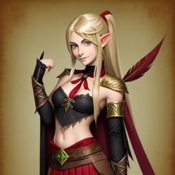 ai_generated armor blonde_hair blood_elf exposed_stomach leyawin ponytail small_breasts stable_diffusion warcraft