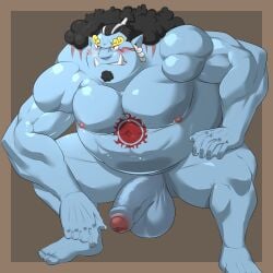 anthro balls big_balls big_penis blue_body blue_skin blush facial_hair fish-men_(one_piece) flaccid jinbe male male_only nude one_piece overweight penis reclamon solo solo_male spread_legs