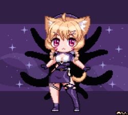 blonde_hair cat_ears cat_tail catgirl face_markings female pixel_art red_eyes squchan_(vtuber) virtual_youtuber vyugen