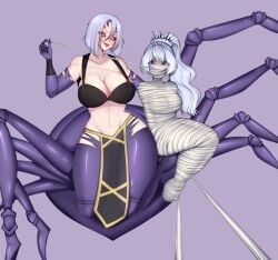 2girls big_breasts blue_eyes blue_hair bondage bound breasts cocoon cocooned cowgirl_position crossover cute drider eastern_and_western_character female female_only huge_breasts large_breasts monster monster_girl monster_musume_no_iru_nichijou multiple_girls naked_female prey purple_hair rachnera_arachnera rwby silk spider_girl sugarvoids tight webbed webbed_hands webbing webs weiss weiss_schnee white_hair wrapped wrapped_up wraps