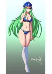 1girls bare_thighs blue_panties bra breasts cleavage female female_only fire_emblem fire_emblem:_path_of_radiance fire_emblem:_radiant_dawn full_body green_background green_eyes green_hair hat helmet kneehighs long_hair looking_at_viewer medium_breasts nephenee_(fire_emblem) nintendo panties simple_background solo sonicheroxd thighs underwear very_long_hair