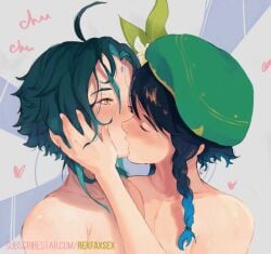 2boys 3d androgynous animated blue_hair blush braid closed_eyes flower french_kiss genshin_impact green_hair hand_on_another's_face hand_on_face hat hat_flower heart kissing loop multicolored_hair multiple_boys nude rexfaxsex short_hair trap two-tone_hair ugoira venti_(genshin_impact) xiao_(genshin_impact) yaoi yellow_eyes