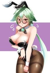 alchemist bunny bunny_costume bunny_ears bunnysuit busty busty_female cleavage genshin_impact mondstadt sucrose_(genshin_impact) yuzu_kiro