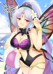 1girls alternate_costume ball bare_midriff bare_shoulders bare_thighs beach beachball black_one-piece_swimsuit black_swimsuit breasts cleavage fairy fairy_wings female female_only fire_emblem fire_emblem_heroes flower grey_hair hair_flower hair_ornament high_ponytail hourglass_figure large_breasts long_hair looking_at_viewer midriff multicolored_hair nintendo official_alternate_costume one-piece_swimsuit open_mouth outdoors plumeria_(fire_emblem) plumeria_(summer)_(fire_emblem) pointy_ears ponytail red_eyes smile swimsuit thank_you thighs very_long_hair wide_hips wings yukia_(firstaid0)