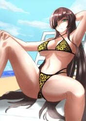 armpits arms_behind_back arms_behind_head arms_up beach bikini black_hair blue_sky blurry blurry_background blush breasts cleavage closed_mouth cloud counter:side day eyepatch female female_pubic_hair green_eyes halterneck highres large_breasts lee_jisoo lonelyceo87 long_hair looking_at_viewer multi-strapped_bikini ocean official_alternate_costume outdoors piercing pubic_hair sand shore sky solo swimsuit thighs very_long_hair water