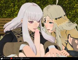 1boy 2girls 3d areolae bangs blonde_hair erect_penis erection fire_emblem fire_emblem:_three_houses fire_emblem_fates garreg_mach_monastery_uniform gray_eyes green_hair imminent_fellatio imminent_oral kiran_(fire_emblem) kiran_(fire_emblem)_(male) looking_at_penis lysithea_von_ordelia mikey_obscurest nintendo ophelia_(fire_emblem) outdoors penis penis_awe pink_eyes smile teenager white_hair xnalara