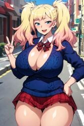 1girls ai_generated big_breasts blonde_hair blue_clothing blue_eyes blue_sweater bowtie breasts cleavage collar gradient_hair gyaru half-closed_eyes huge_breasts jk_bitch_ni_shiboraretai joy_ride large_breasts long_sleeves medium_hair milkersenjoyer open_mouth open_smile outdoors pink_hair plaid_skirt red_bowtie red_skirt school_uniform schoolgirl skirt slim_waist slut smile solo solo_focus street sweater thick_thighs thighs two_tone_hair v white_collar yariko