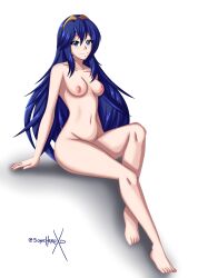 1girls bare_legs barefoot blue_eyes blue_hair breasts completely_nude female female_only fire_emblem fire_emblem_awakening legs long_hair looking_at_viewer lucina_(fire_emblem) medium_breasts nintendo nipples nude nude_female sitting smile sonicheroxd symbol-shaped_pupils tiara very_long_hair