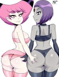 2girls ass_grab big_butt black_lingerie black_panties bmayneart bra butt dat_ass dc dc_comics female female_only gloves jinx_(dc) looking_back pale_skin panties pink_hair pink_lingerie pink_panties purple_hair rachel_roth raven_(dc) tagme teen teen_titans thick_thighs thighhighs