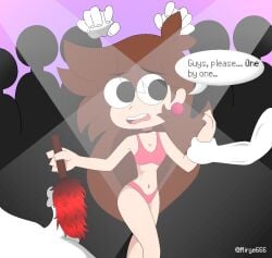 1girls 2023 3boys big_eyes bikini brown_hair commentary english_text grabbing_arm mirge666 nervous penis red_brush shgurr tagme white_body youtube youtuber