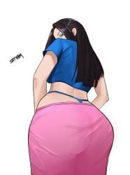 ass ass_focus back black_hair blue_eyes female female_only from_behind highres nico_robin one_piece post-timeskip sarong satyam_ssj10 see-through see-through_skirt shirt sidelocks sideways_glance signature skirt thong white_background