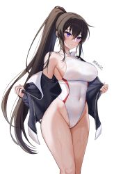 absurdres black_hair black_jacket breasts competition_swimsuit counter:side covered_navel crossed_bangs female groin hair_between_eyes highleg highleg_swimsuit highres jacket large_breasts long_hair maett one-piece_swimsuit parted_lips ponytail purple_eyes removing_jacket sidelocks simple_background single_bare_shoulder solo swimsuit thighs very_long_hair wet white_background white_one-piece_swimsuit wide_hips yoo_mina