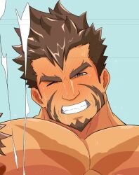 1boy 2boys abs arrow_(projectile) bara beach blush brown_hair clenched_teeth cropped cross_scar dark-skinned_male dark_skin facial_hair flaming_eye full-face_blush goatee heracles_(tokyo_afterschool_summoners) implied_sex implied_yaoi karakuraax large_pectorals looking_at_viewer male_focus mature_male multiple_boys muscular muscular_male muscular_uke mutton_chops navel nipples one_eye_closed paid_reward_available pectorals scar scar_on_chest short_hair sideburns smile solo_focus solo_male stomach sweat teeth thick_eyebrows tokyo_afterschool_summoners very_sweaty