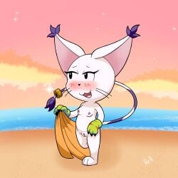 bandai_namco beach blush breasts claws clothing digimon digimon_(species) el_senor_erizo female fur gatomon genitals gloves handwear hi_res nipples nude outside pussy sand seaside smile solo swimwear white_body white_fur