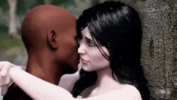 1boy1girl 3d against_tree animated_gif boris_(kalyskah) completely_nude dark-skinned_male game_cg imminent_sex kalyskah kalyskah(game) kissing outdoors pale-skinned_female small_breasts