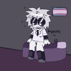 1boy 1cuntboy black_eyeshadow black_nails cuntboy dave_cander_ruy_(tab) feline incredibox intersex long_shoes messy_hair on_bed orin_ayo plushie polo_(incredibox) pussy sitting solo sweating tab_(orin_ayo) tie toony trans_flag transgender_pride_colors white_eyes white_hair white_shirt