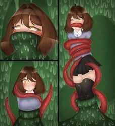 ahe_gao black_skirt bondage bondage bound bound_legs bound_together comic comic_panel inside muffled muffled_moaning muffled_scream muffled_speech plant pleasure_face skirt slime slime_(substance) slimy sugarvoids sweater tentacle tentacle tentacle_penetration tentacle_sex thighhighs wet wet_body wet_clothes wet_clothing wet_skin