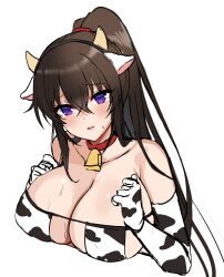 absurdres animal_ears animal_print bare_shoulders bell bikini black_hair breasts choker cleavage collarbone counter:side cow_ears cow_horns cow_print cowbell elbow_gloves embarrassed fake_animal_ears fake_horns female gloves hairband highres horns large_breasts long_hair looking_at_viewer maett parted_lips ponytail purple_eyes red_choker solo strapless strapless_bikini string_bikini sweatdrop swimsuit very_long_hair white_background white_bikini white_gloves yoo_mina