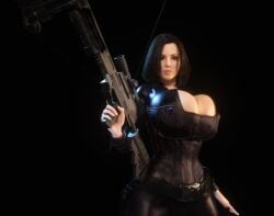 1girls 3d 3d_(artwork) alternate_breast_size black_hair bodysuit boob_window cleavage corset crossbow female female_only female_solo gigantic_breasts holding_crossbow holding_object holding_weapon huge_breasts kate_beckinsale open_bodysuit open_clothes selene_(underworld) skin_tight solo solo_male thighs tight_clothing underworld vaako weapon wide_hips