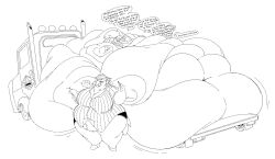 anthro avian beak belly big_belly big_breasts bird boot_(artist) bottomwear breasts carrie_(qweave) clothing curled_hair dialogue duo feathers female female/female footwear hair high_heels huge_belly huge_breasts hyper hyper_belly immobile messy motion_lines navel nipples nude obese obese_anthro obese_female overweight overweight_anthro overweight_female paper shirt skirt sound_effects speech_bubble topwear truck_(vehicle) vehicle wheel