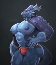 abs anthro ass big_butt big_muscles blue_body blue_eyes bulge clothing dragon erect_nipples genitals hi_res jyrocopter male markings muscular muscular_anthro muscular_male muscular_thighs nipples pecs penis scalie smile solo tail thick_thighs underwear wao_(e-zoid)