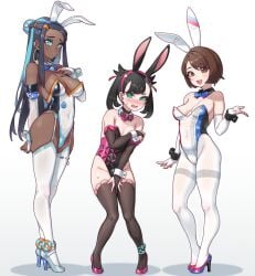 3girls black_hair black_legwear black_sleeves black_stockings blue_eyes blush box20502017 brown_eyes brown_hair bunny_ears bunny_girl bunny_tail bunnysuit cleavage collar dark-skinned_female dark_skin embarrassed female_only footwear garter_belt garter_straps gloria_(pokemon) green_eyes hair_between_eyes high_heels large_breasts long_hair long_sleeves marnie_(pokemon) medium_hair multiple_girls nessa_(pokemon) open_mouth pigeon-toed playboy_bunny pokemon sleeves_past_elbows small_breasts solo_focus sweat thick_thighs thighhighs thighs uncensored white_legwear white_pawpads white_sleeves white_stockings wide_hips wrist_cuffs xiangzi_box