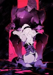 1boy 1girls armor ass aura barefoot big_ass black_hairband black_panties corrin_(female)_(fire_emblem) corrin_(fire_emblem) dark_aura female female fire_emblem fire_emblem_fates gauntlets gloves greaves gunter_(fire_emblem) hairband kradeelav long_hair male nintendo panties scar scar_across_eye sitting thighhighs throne underwear