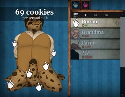 anthro anthro_only anthrofied balls ballsack clothed cock cookie cookie_clicker cursor food_creature food_humanoid gameplay_mechanics iwtbat_(artist) male penis sitting solo solo_focus solo_male