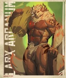 2023 absurd_res anthro arcanine asian_clothing bulge canid canine clothing detailed_bulge digital_drawing_(artwork) digital_media_(artwork) east_asian_clothing flaccid fundoshi fur generation_1_pokemon genital_outline hi_res holding_object horn japanese_clothing larx_arcanum looking_at_viewer male mammal momohseki muscular muscular_anthro muscular_male nintendo nipple_piercing nipples pecs penis_outline piercing pokemon pokemon_(species) pubes red_body red_eyes red_fur shaded signature simple_background solo tail underwear