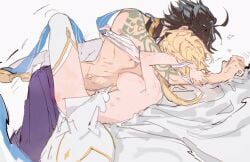 1boy ahoge bed black_hair blonde_hair couple female genshin_impact hengyuanzhixing highres lumine_(genshin_impact) nipples on_bed short_hair straight tattoo topless topless_male xiao_(genshin_impact)