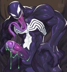 1boy 2022 alien balls bara barazoku big_penis cum cum_drip cum_dripping_from_penis gay genital_fluids hi_res hidoritoyama highres looking_at_viewer male male_focus male_only manly marvel marvel_comics muscular_male penis solo solo_male spider-man_(series) symbiote venom venom_(marvel) yaoi