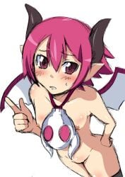 1girls blush breasts completely_nude completely_nude_female demon demon_girl disgaea disgaea_3 embarrassed embarrassed_nude_female enf female flat_chest horns light-skinned light-skinned_female m-eiji magenta_eyes magenta_hair missing_tail necklace necklace_only nippon_ichi_software nude nude_female pointy_ears raspberyl thighhighs thighhighs_only white_background wings