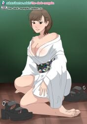 1girls areolae barefoot breasts brown_eyes brown_hair cleavage female female_only grin japanese_clothes kimono kneeling large_breasts naked_kimono off_shoulder original original_character see-through short_hair smile solo the_dark_mangaka